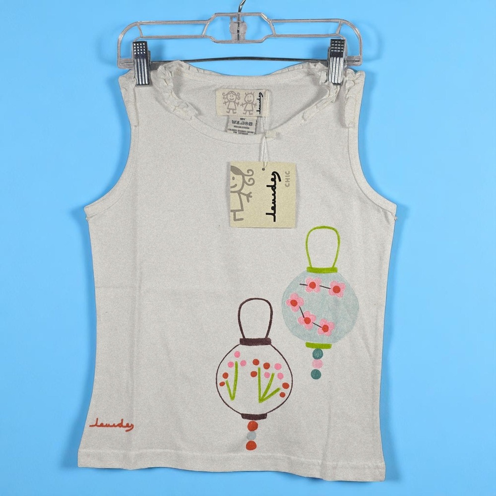 Lourdes Chic Spain Sleeveless Ruffle Trim Top Girls 10Y White Launtern Print NWT